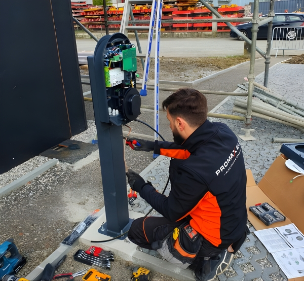 Installateur borne de recharge IRVE PROMAXELEC sur un chantier