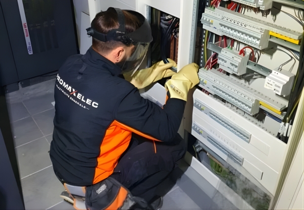 Technicien de l'entreprise Promaxelec devant un tableau électrique